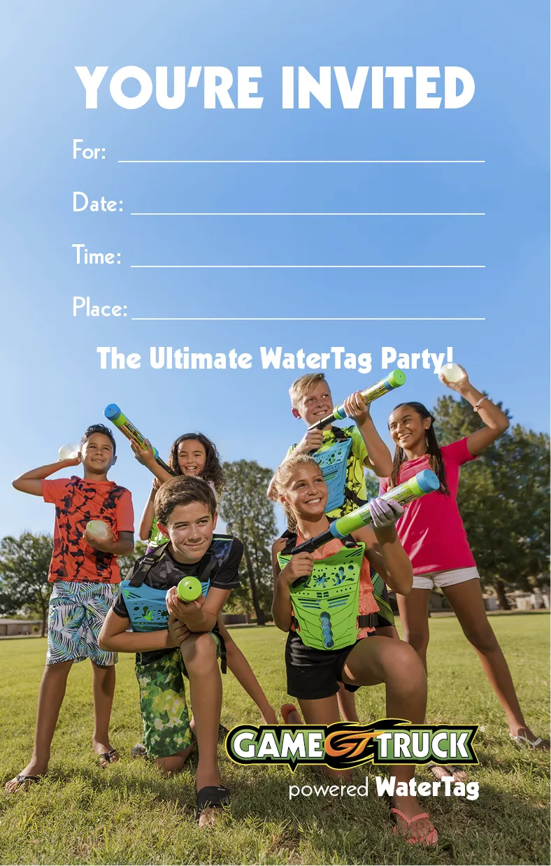 WaterTag party invitation — full color printable PDF