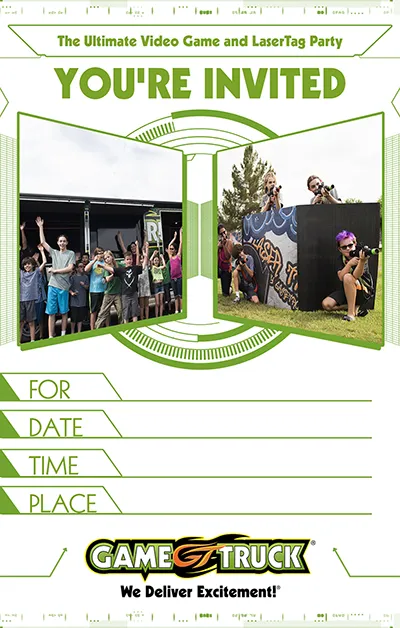 Video Game plus LaserTag HUD style party invitation — full color printable PDF